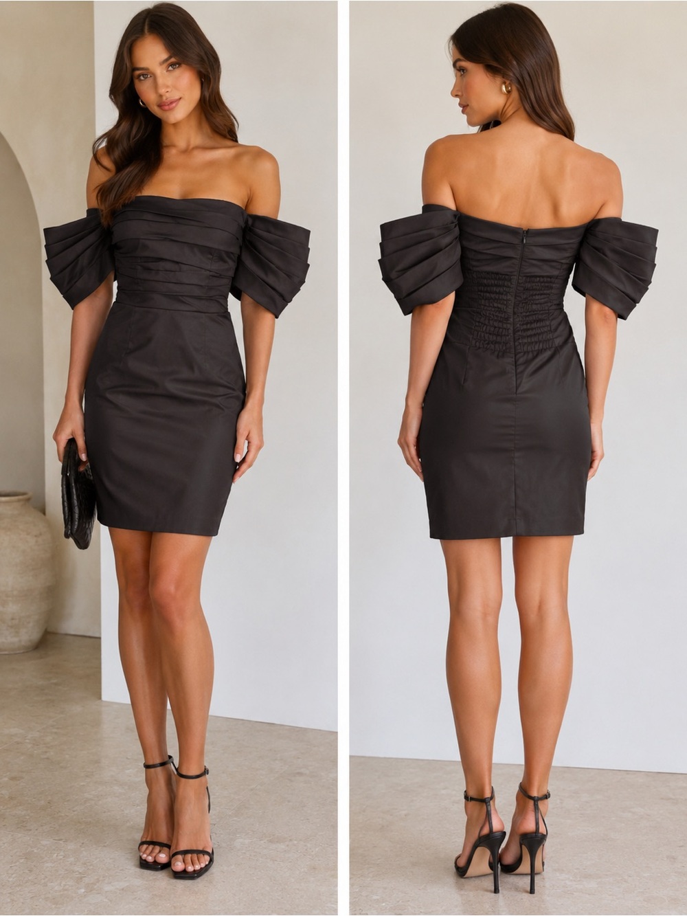 NWOT - DO+BE Black Off Shoulder Pleated Puff-Sleeve Cocktail Dress